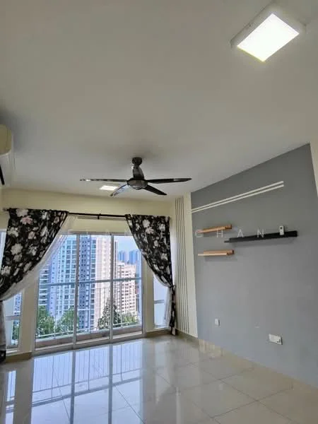 Living features: floor-to-ceiling windows, grey accent wall, white painted walls, polished tile flooring, 5-blade ceiling fan with light, sheer curtains with floral pattern, decorative wall shelves, city skyline view; style: modern; view: city.