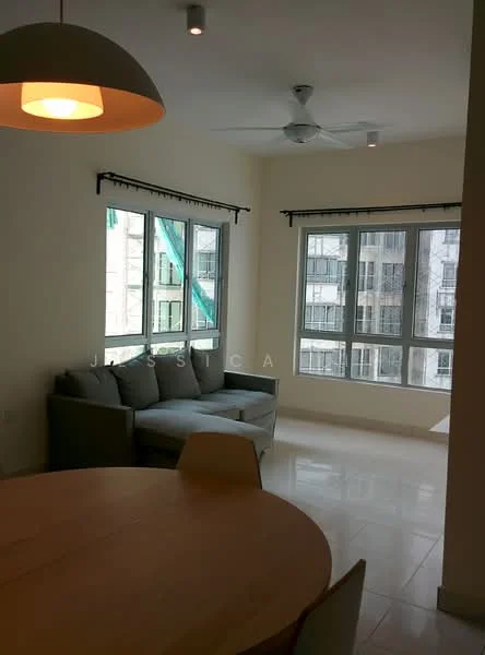 Living features: 3-seater fabric sofa in grey, round dining table, white walls, recessed downlights, ceiling fan, floor-to-ceiling windows, tile flooring, curtain rod, view of adjacent building; style: modern.
