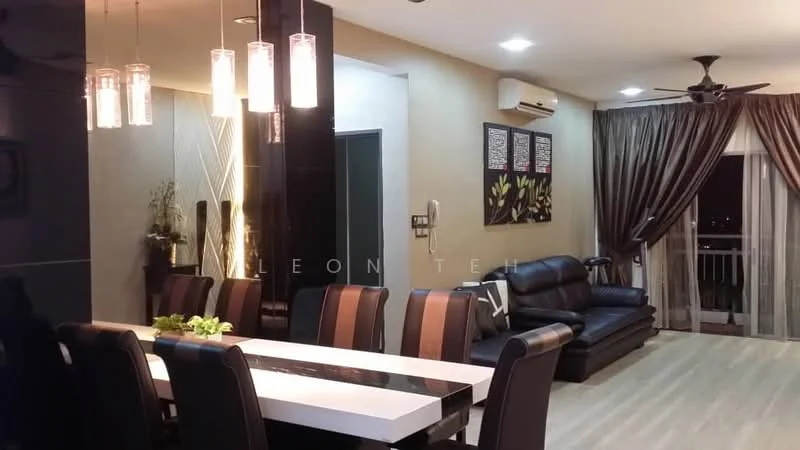 Dining features: 6-seater dining table with white top, black and brown upholstered dining chairs, pendant lighting above dining table, wooden flooring, decorative wall art, recessed ceiling lights, air conditioning unit on wall, curtains on sliding door, sofa in living area visible, open layout to living area; style: modern; view: city. Living features: black leather sofa, coffee table, wall-mounted artwork, ceiling fan, sliding glass door to balcony, curtains on sliding door; style: modern; view: city.