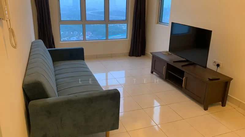 Living features: 3-seater fabric sofa in teal, flat-screen TV on wooden console, ceramic tile flooring, large windows with city view, dark curtains, wall-mounted telephone, light-colored painted walls, coffee table; style: modern; view: city.