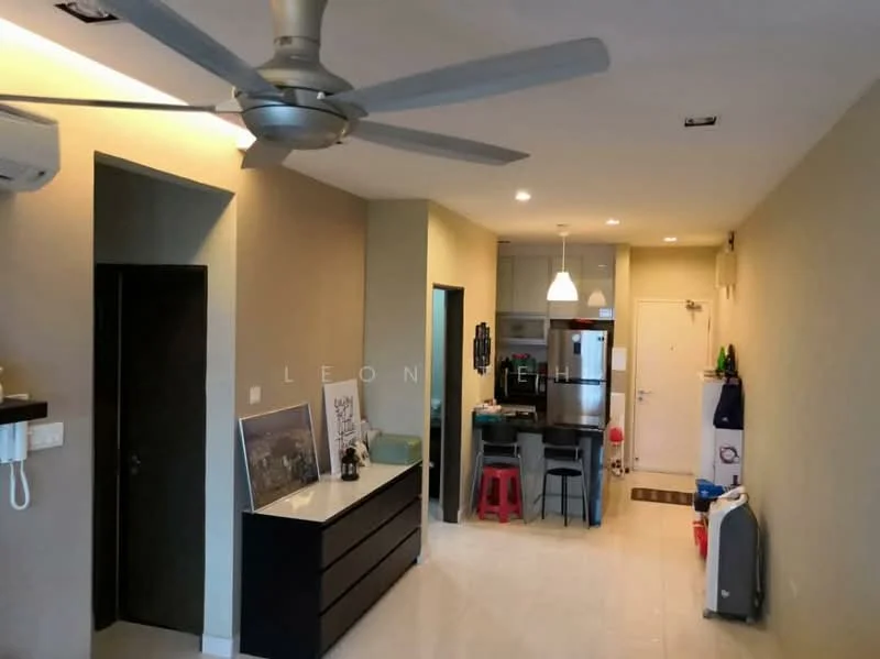 Living features: 5-blade ceiling fan with light, wall-mounted split AC, white painted walls, cream tiled flooring, recessed downlights, black dresser, door leading to hallway, open layout to kitchen, entrance door, decorative wall art, kitchen island with stools; style: modern. Kitchen features: stainless-steel fridge, built-in oven, ceramic cooktop, white cabinetry, grey countertop, pendant lighting, sink with faucet, open shelving; style: modern.