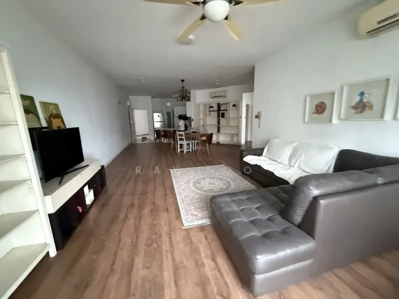 Living features: 3-seater fabric sofa in white, L-shape sectional in dark grey, coffee table, TV console, wall-mounted TV, area rug with geometric pattern, ceiling fan, wooden flooring, decorative wall art, built-in shelving unit, dining area visible in background, air conditioning unit; style: modern.
