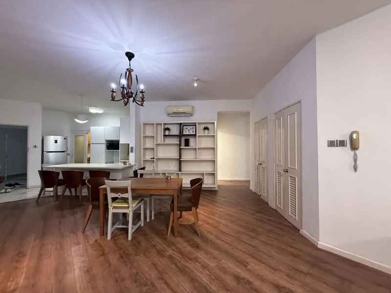 Dining features: wooden dining table, 4 dining chairs, chandelier light fixture, laminate flooring, white painted walls, built-in shelving unit, air conditioning unit, wall-mounted intercom; style: modern. Living features: open layout, laminate flooring, white painted walls, recessed ceiling lights, floor-to-ceiling windows, air conditioning unit; style: modern.