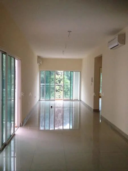 Living features: cream painted walls, polished tile flooring, floor-to-ceiling windows, sliding glass door, 2 wall-mounted split ACs, recessed downlights, balcony access, natural light from windows; style: modern; view: garden.