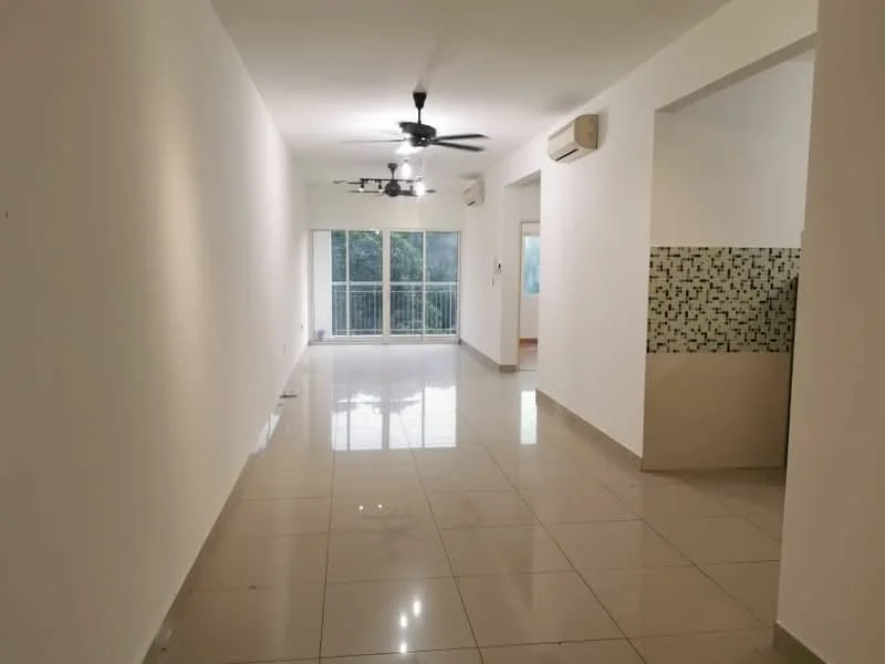 Living features: white painted walls, glossy ceramic tile flooring, 5-blade ceiling fan with light, 2 wall-mounted split ACs, floor-to-ceiling windows, sliding glass door, balcony access, recessed downlights; style: modern; view: garden.