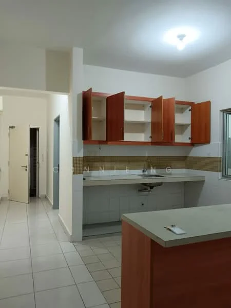 Kitchen features: white tiled walls, light-colored cabinetry, wooden countertop, single-bowl stainless-steel sink, chrome faucet, built-in kitchen counter, open shelving, ceramic tile flooring, fluorescent ceiling light, window with metal frame, door leading to hallway; style: modern.