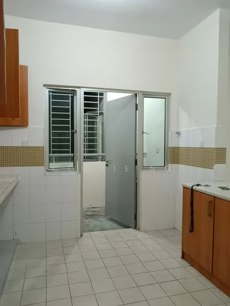Kitchen features: white tiled walls, cream tiled backsplash, light brown wooden cabinetry, single-bowl stainless-steel sink, chrome faucet, countertop with space for appliances, ceramic tile flooring, window with metal grille, door leading to utility area; style: modern.