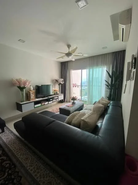 Living features: black leather sectional sofa, coffee table, wall-mounted TV, TV console with storage, 5-blade ceiling fan with light, recessed downlights, floor-to-ceiling windows, sheer curtains, decorative plants, area rug with geometric pattern, wall-mounted air conditioning unit; style: modern; view: city.