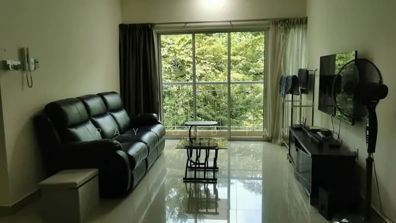 Living features: black leather 3-seater sofa, glass coffee table, TV console, wall-mounted TV, floor-to-ceiling windows, curtains, marble tile flooring, ceiling fan, decorative wall, green view from windows; style: modern; view: garden.