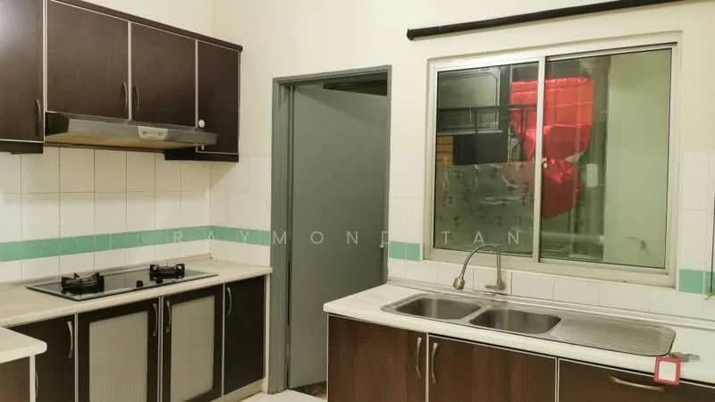 Kitchen features: dark wood cabinetry, white tiled backsplash, light-colored countertop, double-bowl stainless-steel sink, chrome pull-down faucet, built-in gas hob with two burners, exhaust hood, window with metal frame, white tiled flooring; style: modern.