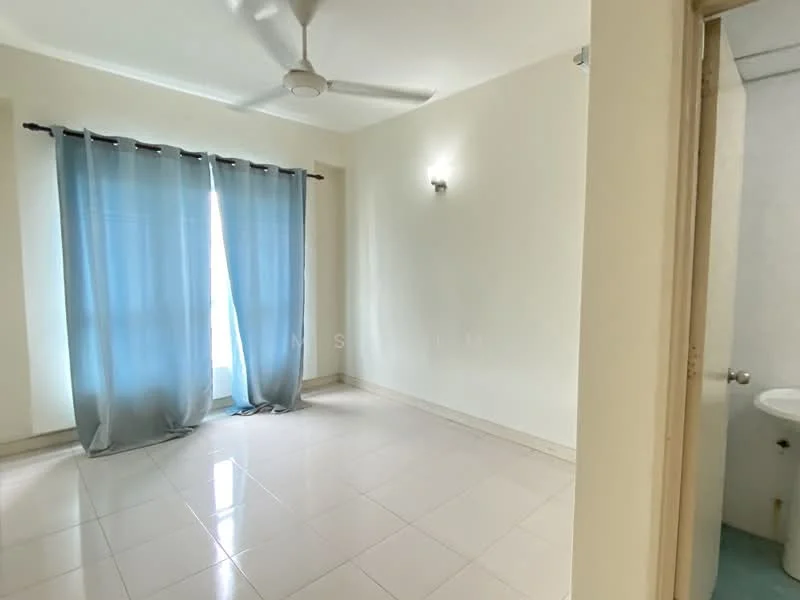 Room features: light-colored painted walls, glossy tile flooring, ceiling fan, floor-to-ceiling window, sheer curtains, wall-mounted light fixture; style: modern.