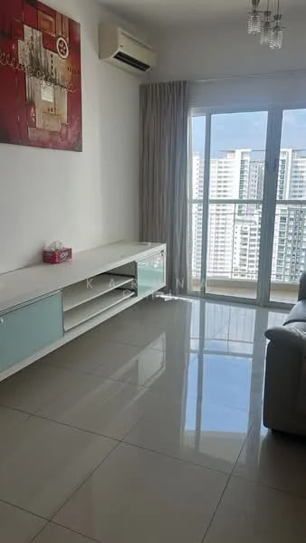 Living features: white painted walls, glossy tile flooring, floor-to-ceiling windows, sliding glass door, sheer curtains, 1 wall-mounted split AC, chandelier, TV console with storage, decorative artwork on wall, grey leather sofa; style: modern; view: city.