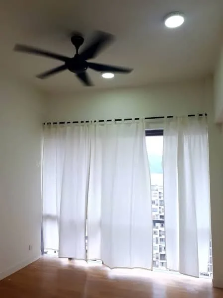 Room features: white painted walls, wooden flooring, 5-blade ceiling fan, floor-to-ceiling windows, sheer curtains, recessed LED downlights; style: modern; view: city.