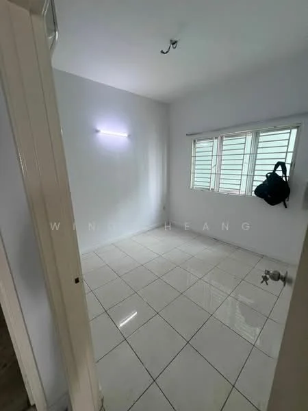 Room features: white painted walls, glossy white floor tiles, ceiling light fixture, window with horizontal blinds, one wall with no visible features, minimalist decor, single wall-mounted hook; style: minimalist.