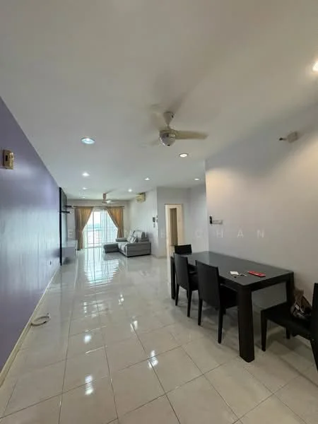 Living features: white painted walls, light grey accent wall, glossy white tile flooring, 5-blade ceiling fan with light, large windows with sheer curtains, sofa in grey fabric, dining table with 4 black chairs, TV mounted on wall, decorative wall lights, natural light from windows; style: modern; view: city.