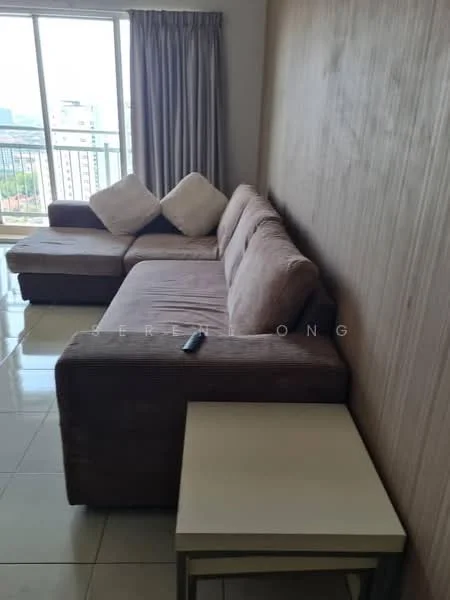 Living features: L-shape sectional sofa in beige, two decorative cushions, wood accent wall, white side table, floor-to-ceiling windows, curtains, glossy tile flooring, remote control on table; style: modern; view: city.