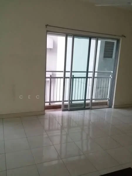 Room features: white painted walls, glossy ceramic tile flooring, sliding glass door, balcony view, natural light from windows.