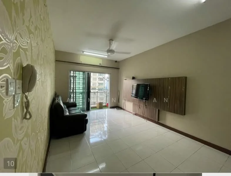 Living features: cream painted walls, white tiled flooring, 5-blade ceiling fan with light, black leather sofa, wooden TV console, wall-mounted TV, sliding glass door, floor-to-ceiling windows, curtains, decorative wall paneling; style: modern; view: city.