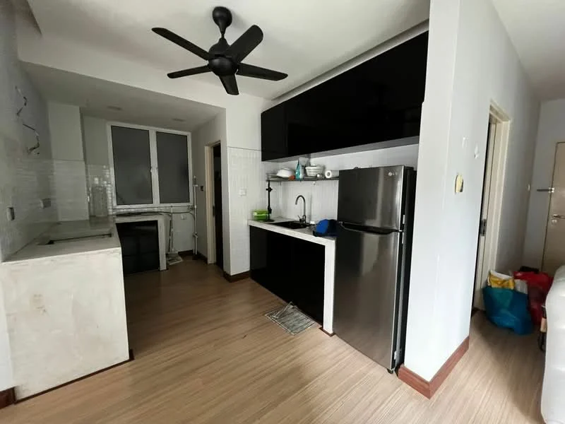 Kitchen features: black cabinetry, white backsplash, stainless-steel fridge, single-bowl stainless-steel sink, chrome pull-down faucet, marble countertop, wall-mounted cabinets, 5-blade ceiling fan, wooden flooring, open layout, window with natural light; style: modern.