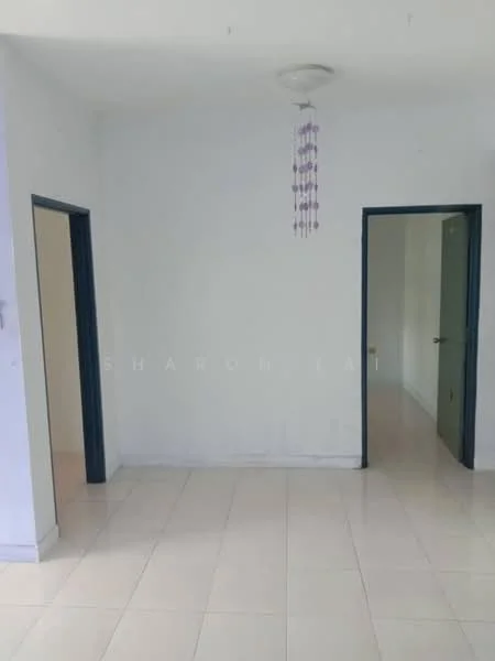 Room features: white painted walls, white ceiling, tile flooring, two doorways, hanging light fixture, neutral color scheme; style: minimalist.