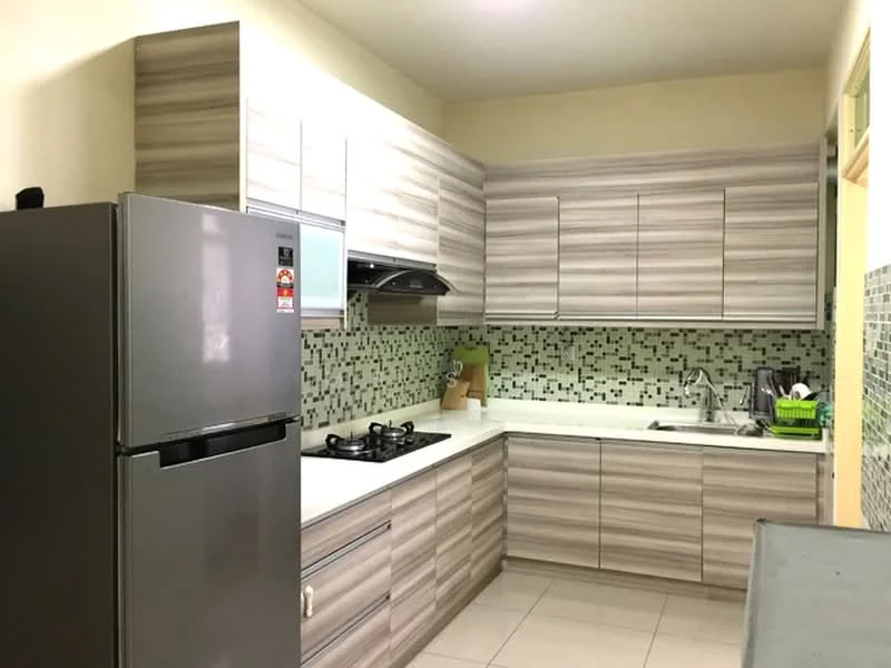 Kitchen features: grey and beige cabinetry, white countertop, stainless-steel fridge, built-in gas hob, extraction hood, single-bowl stainless-steel sink, green mosaic tile backsplash, ceramic tile flooring, wall-mounted cabinets, open shelving, kitchen utensils visible; style: modern.