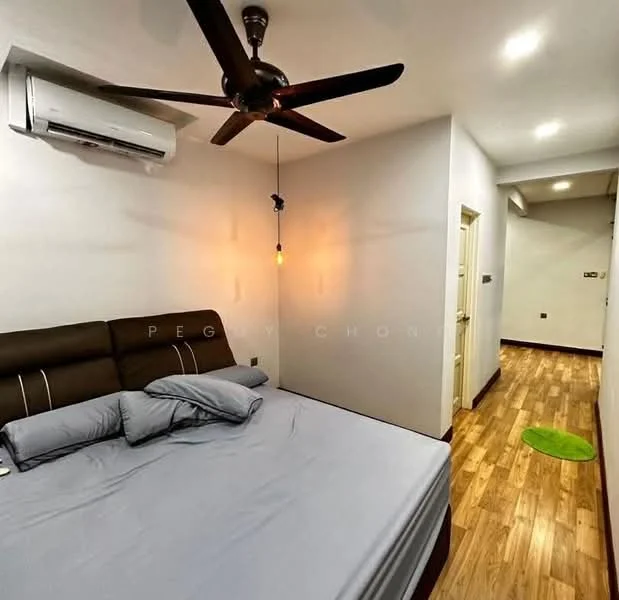 Bedroom features: queen-size bed, upholstered headboard, 2 bedside pillows, 5-blade ceiling fan with light, wall-mounted air conditioning unit, wooden flooring, recessed ceiling lights, pendant light fixture, neutral painted walls, green area rug, doorway leading to hallway; style: modern.
