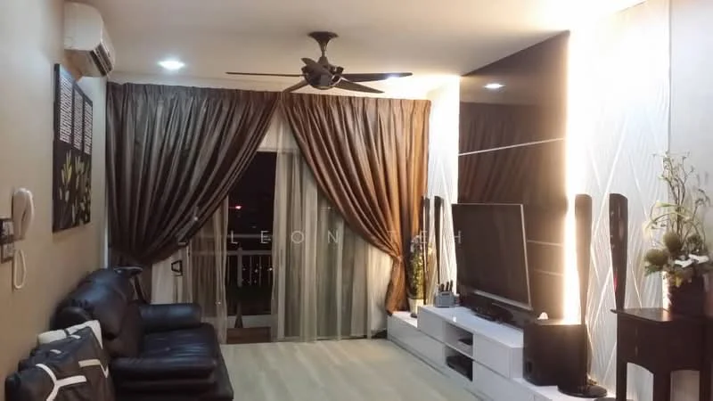 Living features: 3-seater leather sofa, ceiling fan with light, wall-mounted TV, white TV console, decorative plants, curtains in brown and cream, laminate flooring, sliding glass door, balcony access, recessed lighting, accent wall with geometric pattern; style: modern; view: city.
