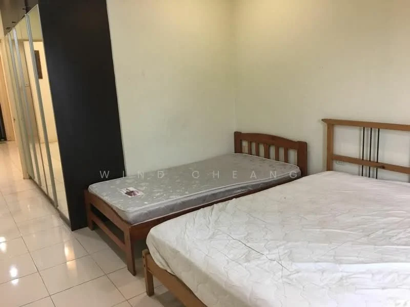 Bedroom features: two wooden beds, one mattress on bed frame, one empty bed frame, white walls, glossy tiled flooring, built-in wardrobe with sliding doors, natural light from window, minimalist decor; style: minimalist.