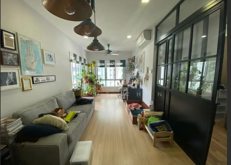 Living features: grey fabric sofa, coffee table, wall-mounted TV, area rug, 5-blade ceiling fan, recessed downlights, framed artwork, decorative plants, wooden flooring, large windows with sheer curtains, open shelving, black glass sliding door; style: modern; view: garden.