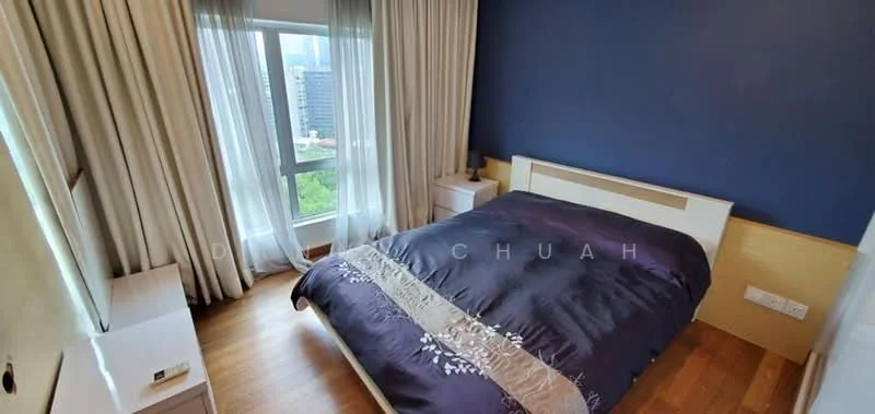 Bedroom features: king-size bed with dark purple bedding, two white bedside tables, floor-to-ceiling window, curtains in light fabric, wooden flooring, blue accent wall, light wood paneling, decorative wall art; style: modern; view: city.