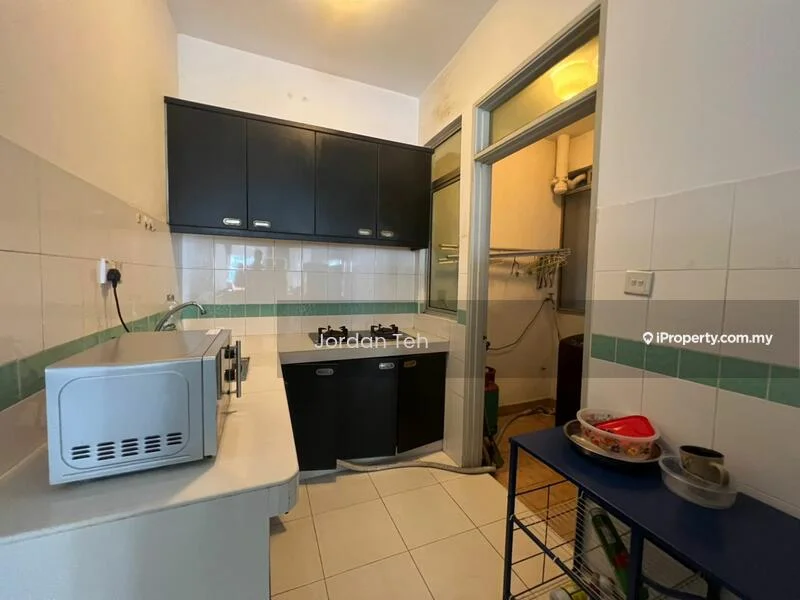 Kitchen features: black cabinetry, white tiled walls, green tiled backsplash, double-burner gas hob, built-in oven, microwave, stainless-steel sink, countertop with storage, tile flooring, open shelving, laundry area with hanging rack; style: modern.