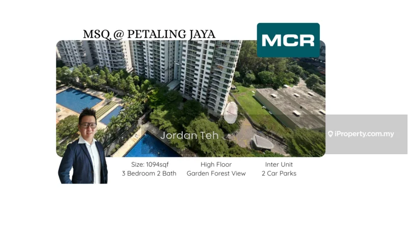 Exterior type: high-rise condominium; features: swimming pool, landscape garden, children's playground, manicured lawn, outdoor dining area, high-rise building, balconies on units, surrounded by greenery; style: modern.