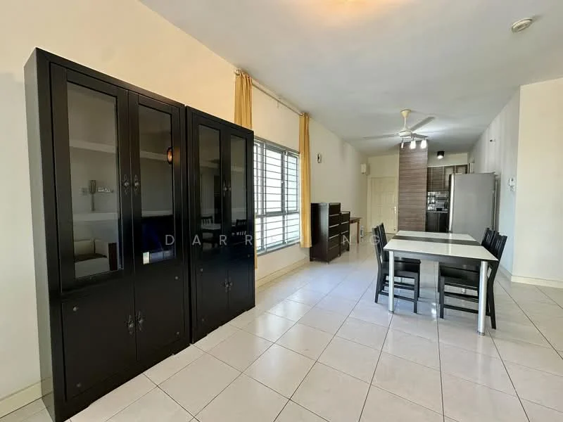 Living features: white painted walls, tile flooring, 5-blade ceiling fan with light, large windows with blinds, black glass display cabinet, black dining table with 6 chairs, light-colored sideboard, refrigerator in background; style: modern.