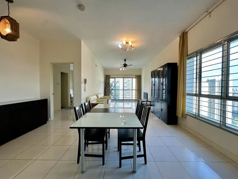 Dining features: white walls, tile flooring, 6-seater dining table, black dining chairs, ceiling fan with light, wall-mounted TV cabinet, large windows with city view, sofa in beige, decorative light fixture; style: modern; view: city.