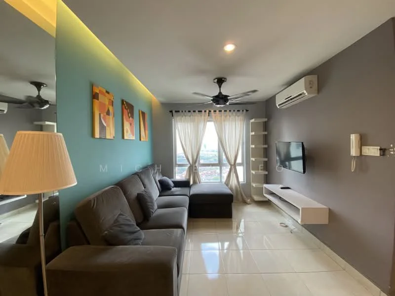 Living features: 3-seater fabric sofa in grey, floor-to-ceiling windows, curtains, wall-mounted TV, white TV console, ceiling fan, recessed downlights, decorative wall art, light-colored walls, grey accent wall, glossy tile flooring; style: modern; view: city.