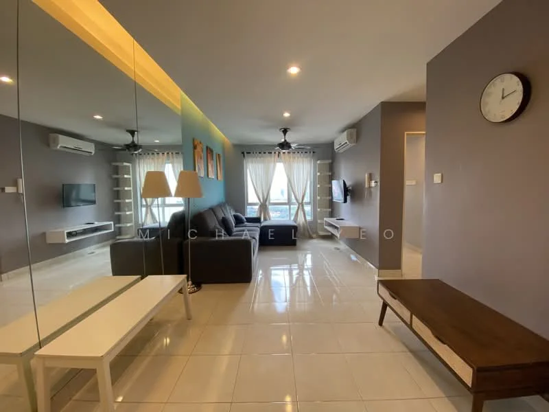 Living features: grey fabric sofa, white coffee table, wall-mounted TV, TV console, floor-to-ceiling windows with sheer curtains, 2 wall-mounted split AC units, ceiling fan, light grey painted walls, white tiled flooring, decorative wall with blue accent, mirror wall, clock on wall; style: modern.