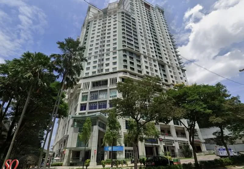 Exterior type: high-rise condominium; features: glass curtain wall, white painted facade, recessed balconies, vertical fins, approximately 30-storey high-rise, manicured landscaping, mature trees, surrounded by greenery, main entrance with glass doors, outdoor seating area, feature lighting at night; style: modern.
