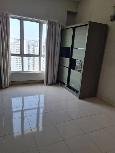 Room features: large window with city view, curtains, glossy white tile flooring, built-in wardrobe with sliding doors, neutral wall colour, recessed lighting, corner location, natural light; style: modern; view: city.