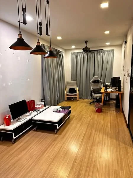 Living features: laminate flooring, white painted walls, recessed downlights, 3 pendant lights, floor-to-ceiling curtains, grey curtains, wall-mounted TV, black TV console, wooden desk, office chair, gaming chair, decorative plants; style: modern.