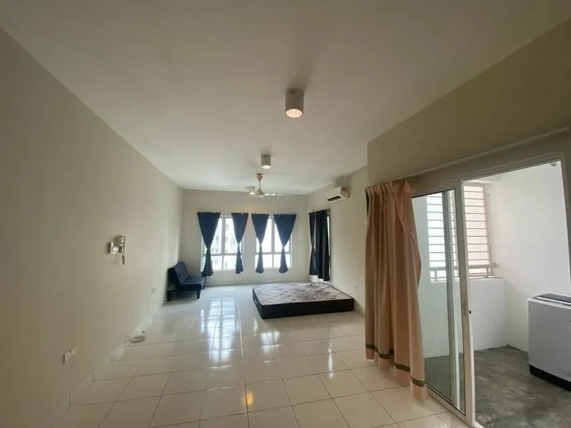 Living features: white painted walls, glossy white tile flooring, 5-blade ceiling fan with light, recessed downlights, black sofa, queen-size bed, floor-to-ceiling windows, sliding glass door, curtains in navy blue, air conditioning unit; style: modern; view: city.