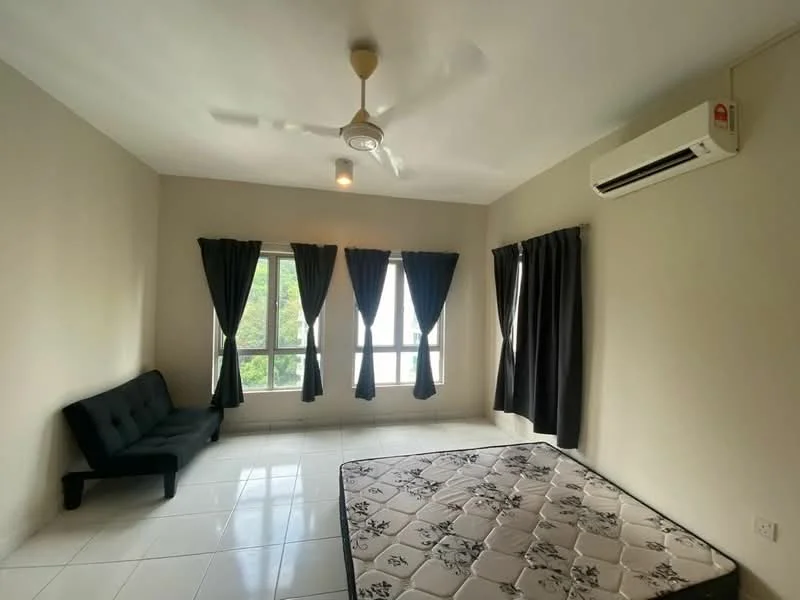 Bedroom features: white painted walls, ceiling fan, 1 wall-mounted split AC, floor-to-ceiling windows, blackout curtains, sheer curtains, white tiled flooring, black fabric sofa, mattress on the floor.