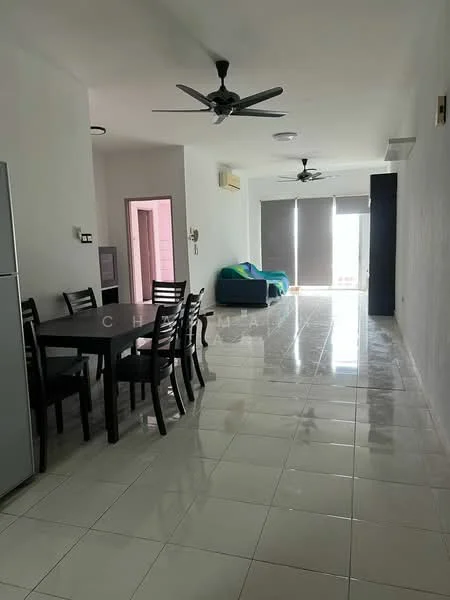 Living features: white painted walls, glossy ceramic tile flooring, 2 ceiling fans, recessed downlights, sofa in teal, dining table with 6 black chairs, floor-to-ceiling windows with roller blinds, air conditioning unit; style: modern.