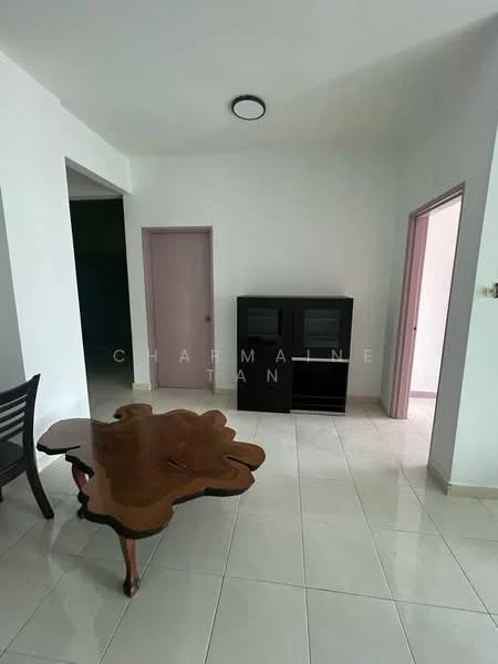 Room features: white painted walls, glossy tile flooring, ceiling light fixture, wooden coffee table, black storage cabinets, pink door frames, open layout, natural light from windows; style: modern.