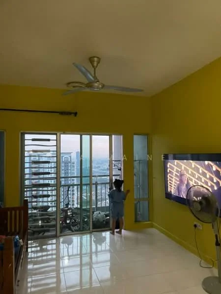 Living features: yellow painted walls, white tiled flooring, 5-blade ceiling fan, floor-to-ceiling windows, sliding glass door, wall-mounted TV, TV console, decorative wall panel, curtains, area rug; style: modern; view: city.