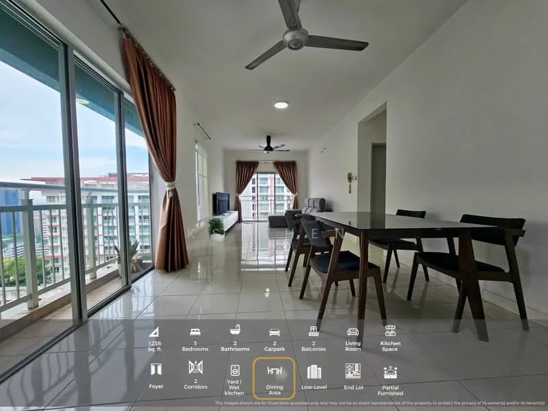 Living features: large floor-to-ceiling windows, sliding glass door, white painted walls, ceramic tile flooring, 5-blade ceiling fan, dining table with 6 chairs, sofa, TV console, decorative curtains, natural light, open layout, view of the city skyline; style: modern; view: city. Kitchen features: open kitchen layout, kitchen island, stainless-steel sink, built-in cabinets, countertop space; style: modern.