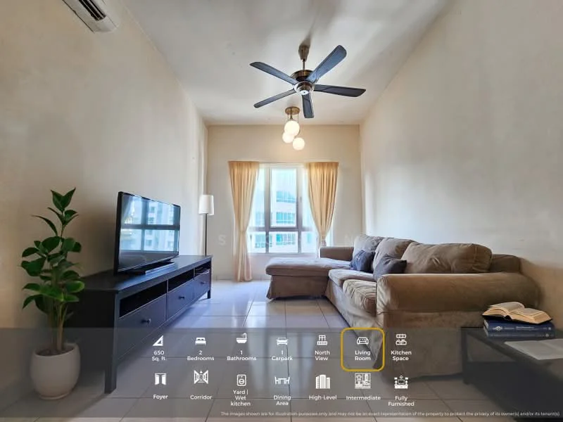 Living features: beige fabric sofa, 3-seater sofa, black TV console, wall-mounted TV, ceiling fan with light, two pendant lights, light-colored walls, tiled flooring, large windows with sheer curtains, decorative plant in ceramic pot, coffee table, area rug; style: modern.