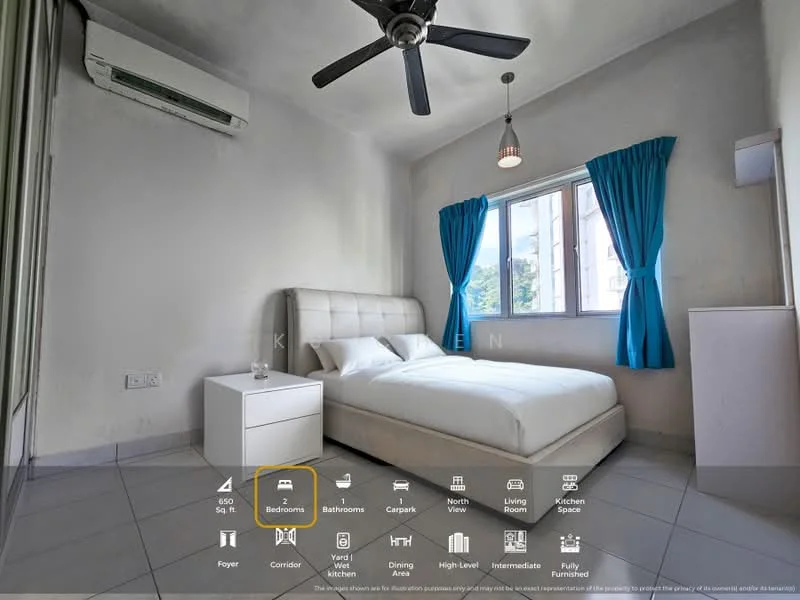 Bedroom features: queen-size bed, upholstered headboard, white bedding, nightstand with drawer, floor-to-ceiling window, blue curtains, wall-mounted light fixture, 1 wall-mounted split AC, grey tiled flooring, plain white walls, ceiling fan with light; style: modern; view: garden.