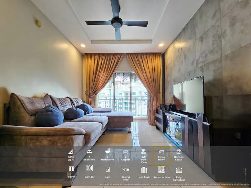 Living features: 3-seater fabric sofa in grey, 2-seater fabric sofa in blue, coffee table, wall-mounted TV, TV console in black, floor-to-ceiling windows, sheer curtains, recessed downlights, cream tiled flooring, decorative wall with stone cladding, ceiling fan with light, area rug; style: modern; view: city.
