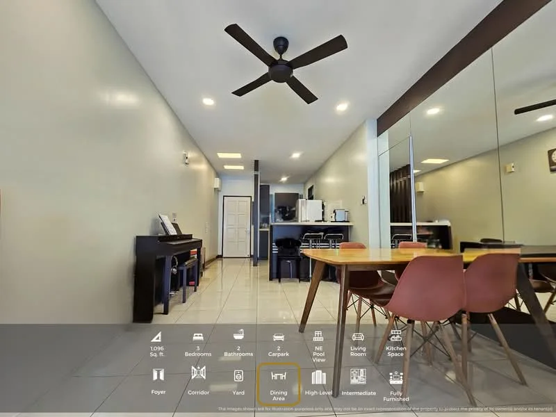 Dining features: dining table with four chairs, black ceiling fan, white walls, tile flooring, mirror on wall, piano in corner, open layout, natural light from windows; style: modern. Room features: kitchen area visible, black cabinetry, white countertops, stainless-steel appliances.