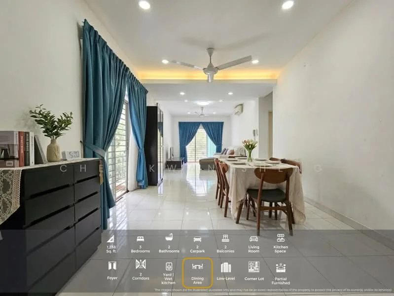 Dining features: white walls, glossy tile flooring, 5-blade ceiling fan with light, large window with sheer curtains, dining table, upholstered dining chairs, decorative plants, sideboard cabinet; style: modern. Living features: white walls, glossy tile flooring, large window with sheer curtains, sofa, coffee table, TV console, wall-mounted TV; style: modern.